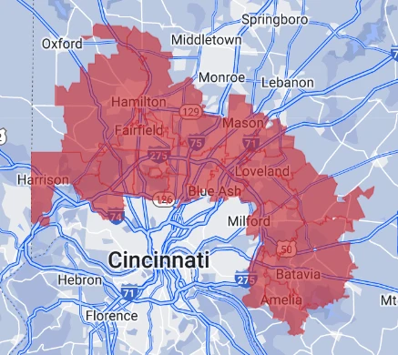 Map of Cincinnati and surrounding areas served by Aire Serv of Fairfield, OH.