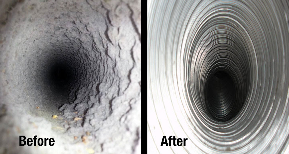 Side-by-side before and after images showing dirty ducts and newly cleaned HVAC ducts.