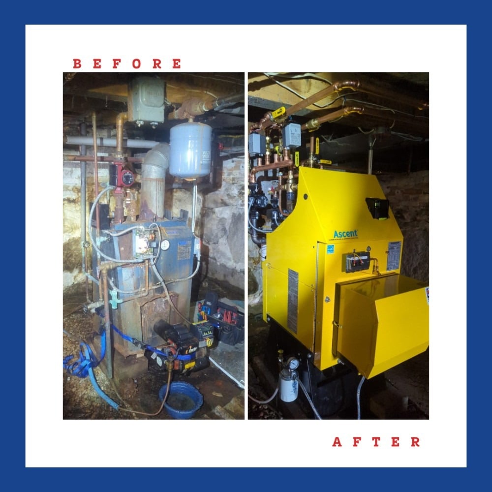 Picture shows a before and after of an Energy Kinetics boiler installation.