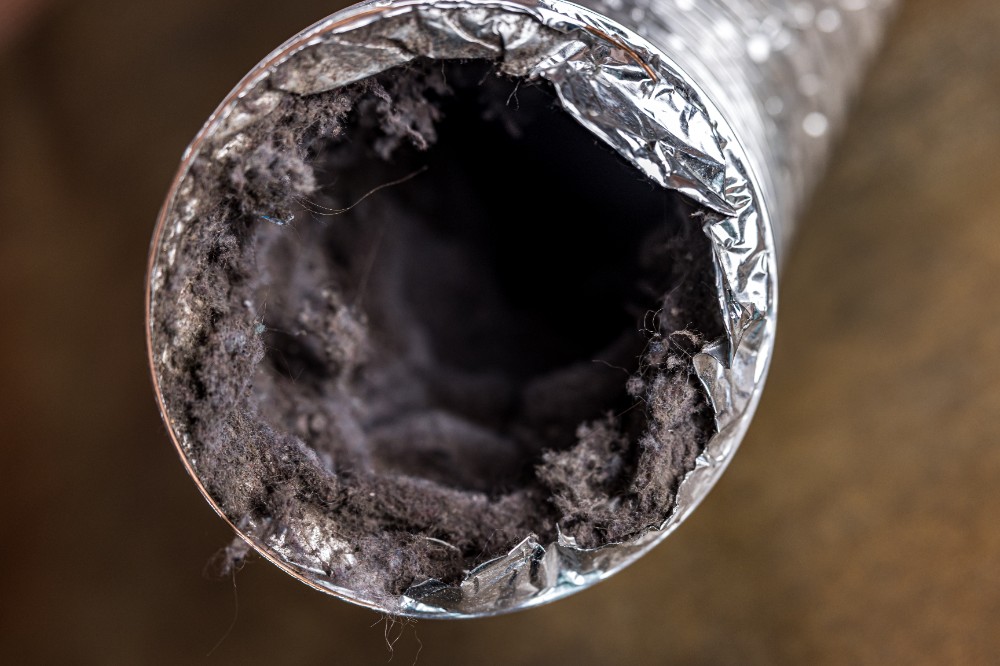 Close-up of a heavily dust-covered air duct interior with thick gray lint and debris buildup around the metal duct opening.