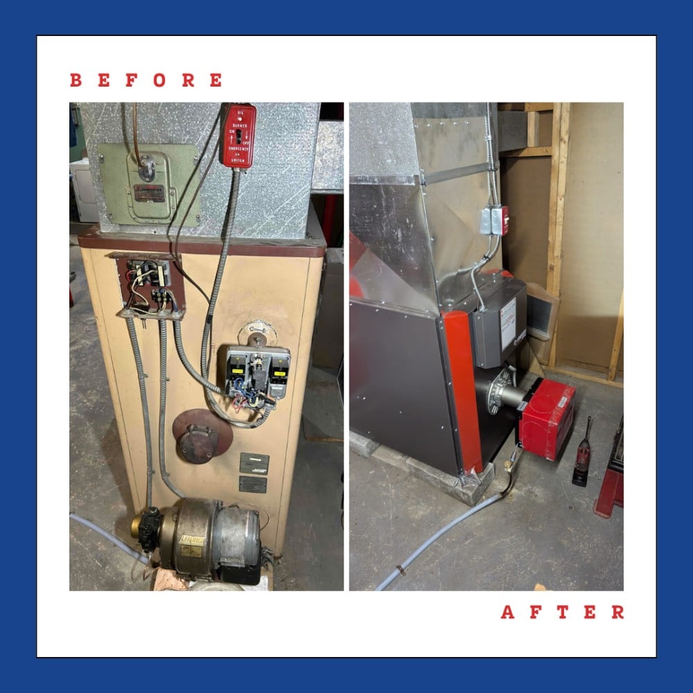 Picture shows a before and after of a new furnace installation.