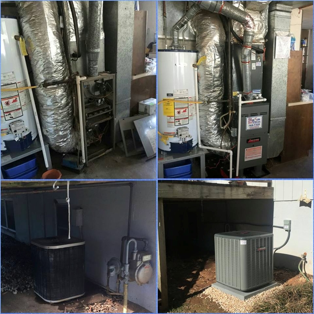 Side-by-side before and after photos of two separate HVAC systems showing old and upgraded equipment