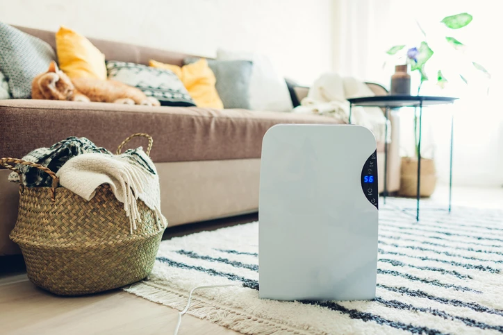 A dehumidifier is shown in a modern living room in front of a couch and end table.