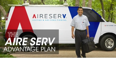 Aire Serv tech and van with text: "The Aire Serv Advantage Plan"