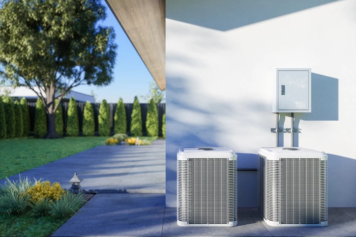Two outdoor components of an air conditioning unit are seen outside of a home.