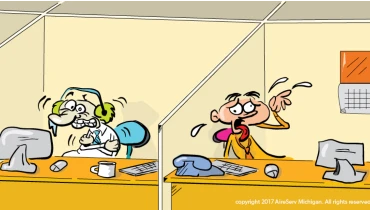 Cartoon of people cold and hot in office cubicles