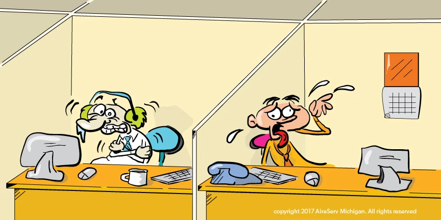 Cartoon of people cold and hot in office cubicles