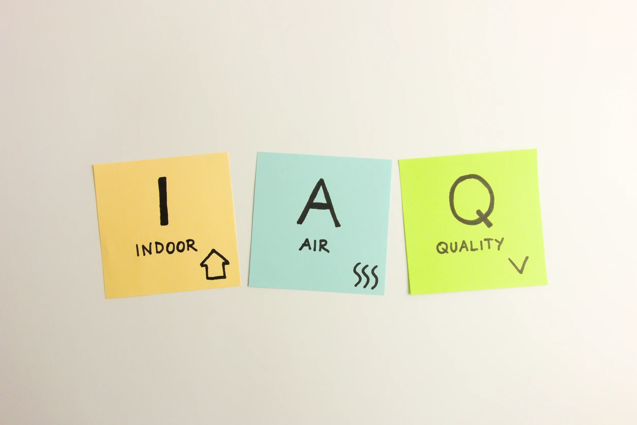 Indoor air quality's acronym IAQ handwritten on sticky notes.
