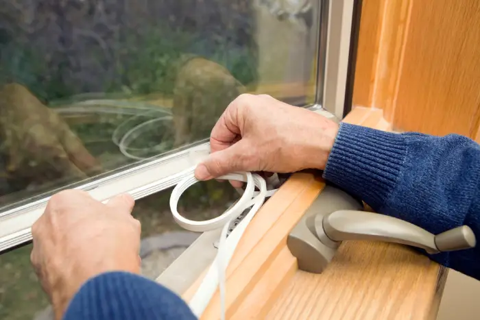 A homeowner applies a rubber seal around his windows to insulate them from a cold draft.