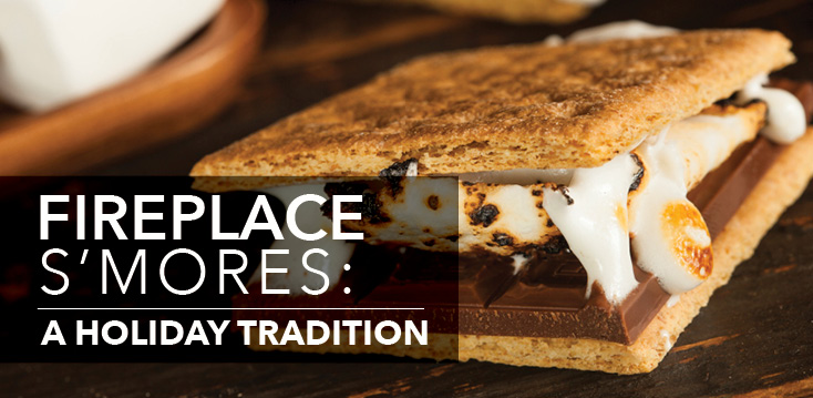Blog title "Fireplace S'Mores: A Holiday Tradition" superimposed over a photo of a cinnamon s'more