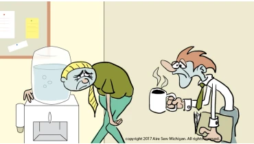 Cartoon of two tired people by a water cooler