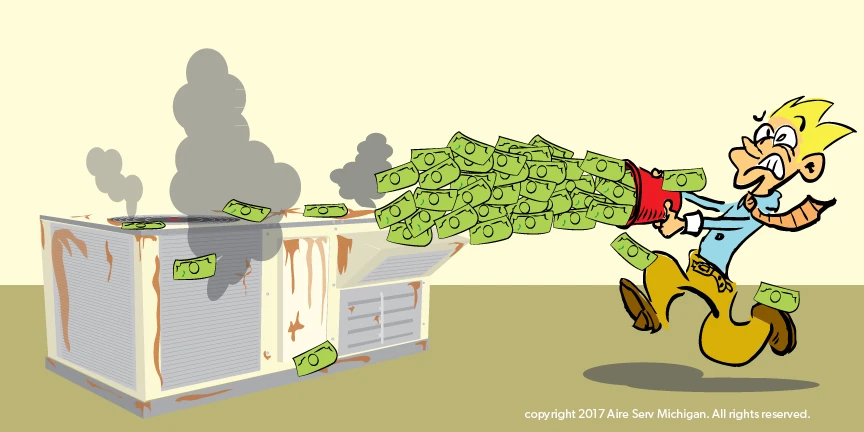 Cartoon of man cooling off HVAC unit with cash