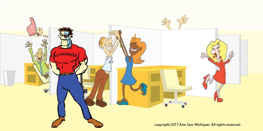 Cartoon of people celebrating in office with cyborg in red Economizer shirt