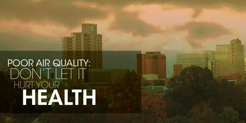 City with text: "poor air quality: don't let it hurt your health"