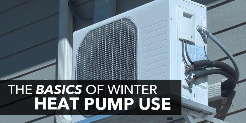 AC unit with text: The basics of winter heat pump use