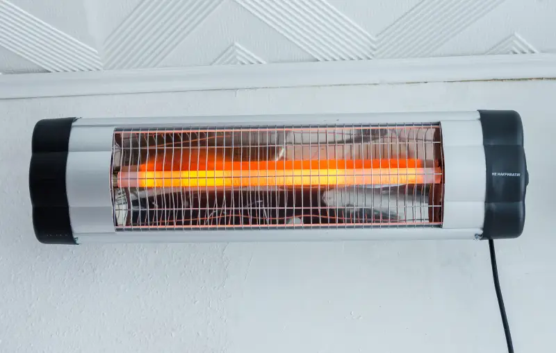 Wall-mounted heater in basement.