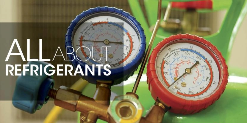 HVAC equipment with text: "all about refrigerants"