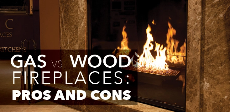 Fireplace with text: "gas vs wood fireplaces: pros and cons"