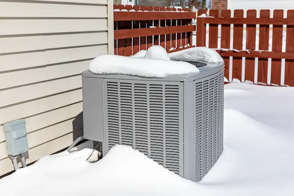 Outdoor HVAC unit covered in snow.