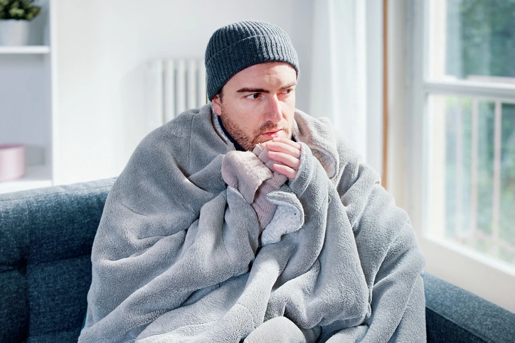 A man wearing a wool beanie and wrapped in a blanket sitting on a couch in a living room