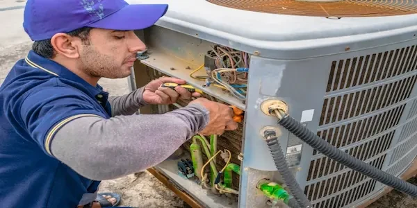 A professional technician fixing a heavy air conditioner with his tools and wearing blue color uniform and cap.