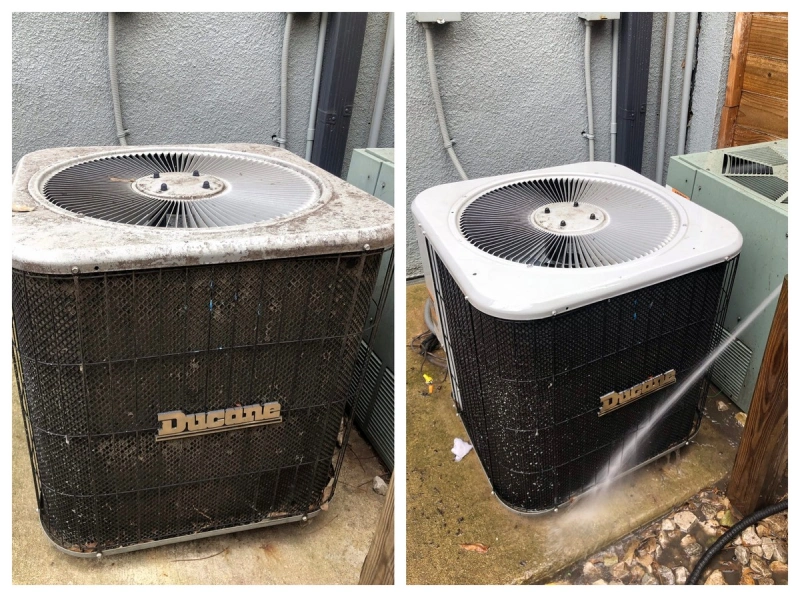 On the left, an outdoor AC unit before cleaning. On the right, the same unit after being cleaned.