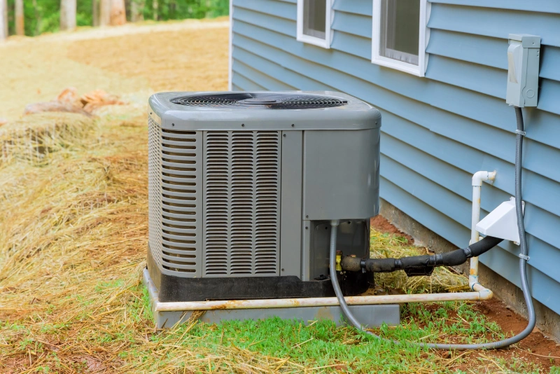 An outdoor AC unit at the side of a house surrounded by mostly dry grass