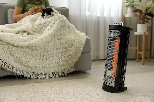 Woman and cat sitting under cozy blank on couch near space heater.