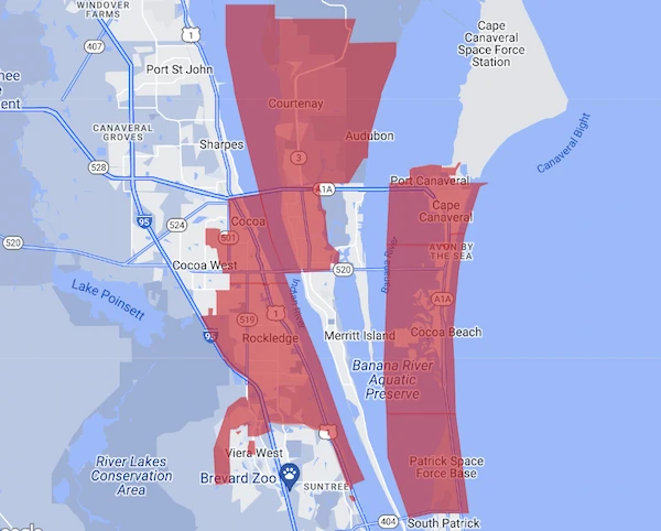 Map of Merritt Island, Florida and surrounding areas served by Aire Serv of Merritt Island.