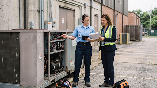 A facility manager and service professional review a maintenance checklist beside office HVAC equipment.