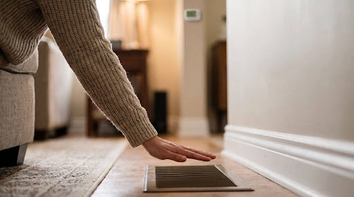 A person holds a hand over a floor heating vent in a living room.