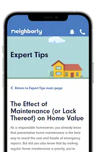 Neighborly App Expert Tips section article displayed on smartphone screen.