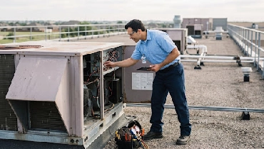 A service professional inspecting a rooftop heating and cooling unit on a commercial building.