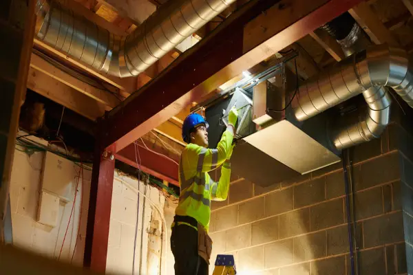 Air conditioning installer changing filter next to HVAC ducts. Certain systems use PCMs within ductwork to capture excess heat or cooling and distribute it more effectively.Top of Form