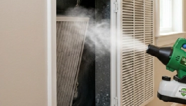 Filter getting sprayed with antimicrobial solution.