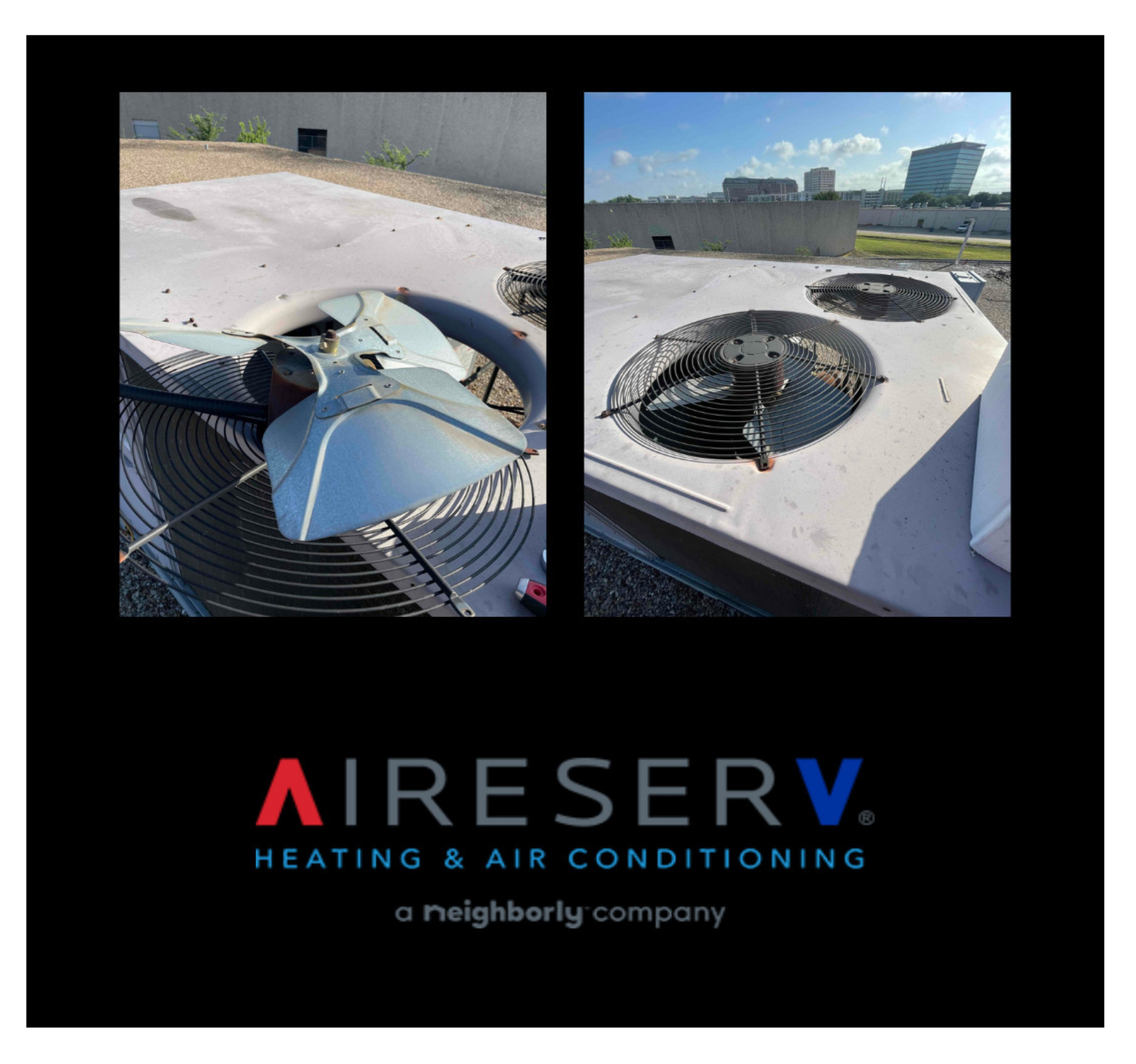 A commercial condenser fan on the roof of a building before and after new fan blades have been installed by Aire Serv.
