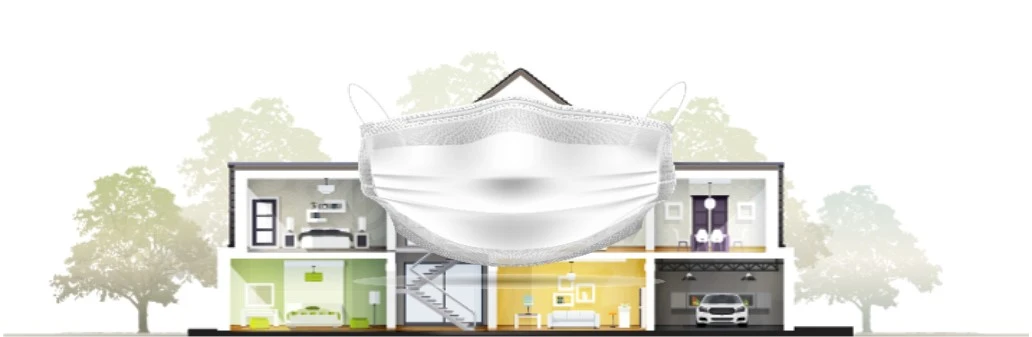 Face mask in front of drawn, see-through house