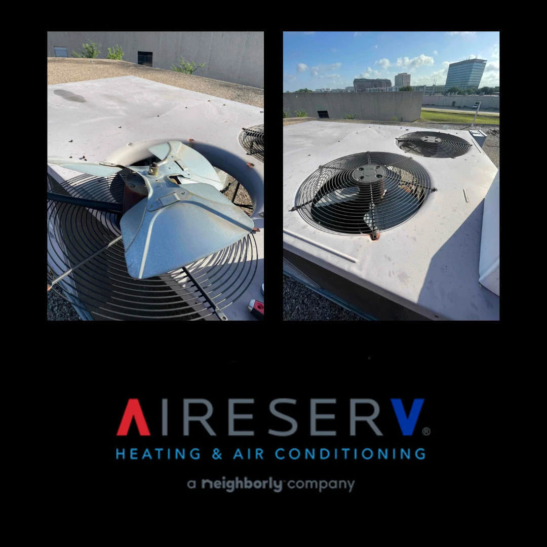 An exterior AC unit on the roof of a commercial building before and after its fan blade has been replaced by Aire Serv.