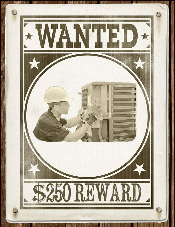 Wanted $250 Reward sepia poster with technician illustration in center.