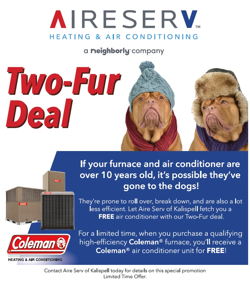 Aire Serv Two-Fur Deal for Coleman furnaces photo of dogs wearing hats.