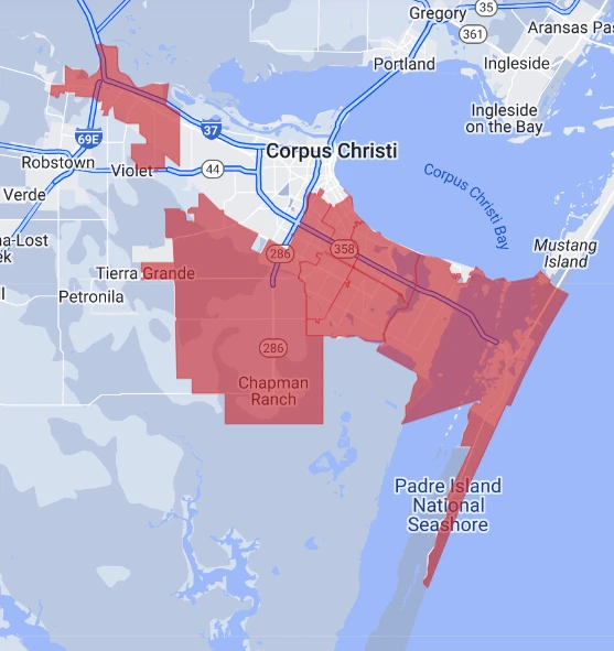 Map of Corpus Christi, Texas and surrounding areas served by Aire Serv of Corpus Christi.