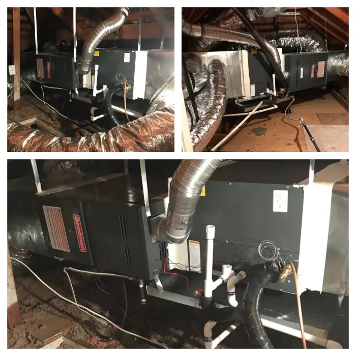 A furnace unit in the attic of a home that has received professional heater repairs in Dallas, TX.