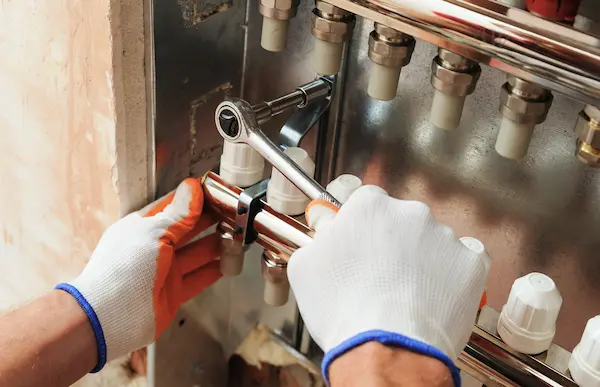 Close-up of gloved hands holding wrench and adjusting heating unit.